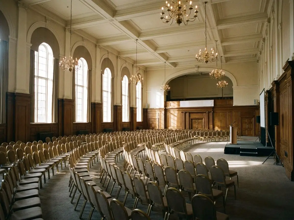 Wide view of Venue 5's banqueting hall set up theatre-style, the best banqueting venue in Ruislip