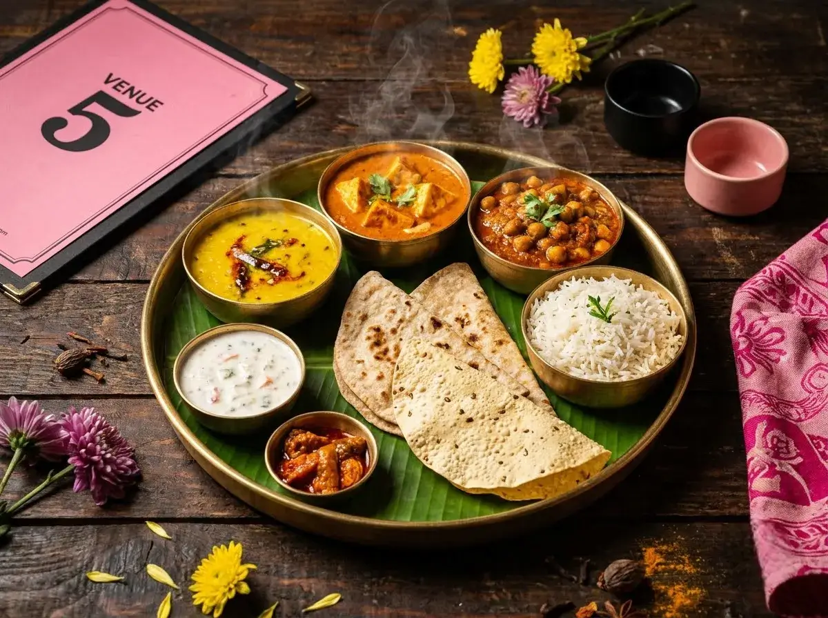 Colourful vegetarian thali with dal, paneer curry and rice at Venue 5, the best Indian restaurant in Ruislip