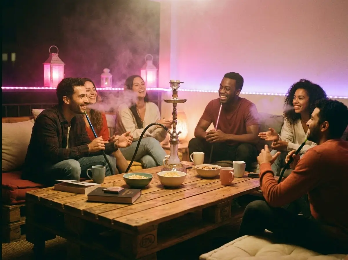 Friends sharing a shisha pipe in a relaxed lounge setting at Venue 5, the best shisha lounge in Ruislip