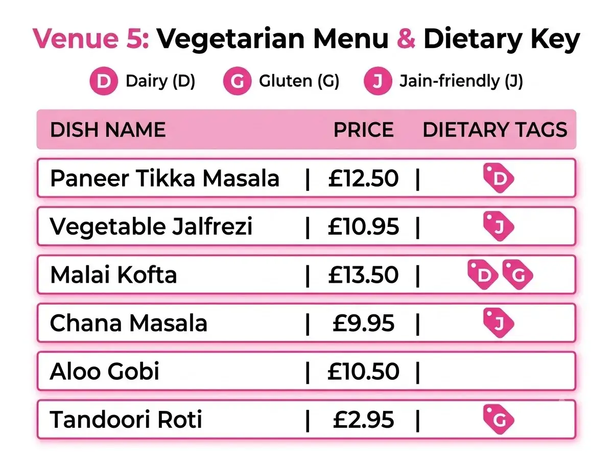 Venue 5 vegetarian and vegan guide infographic showing dish names, prices and dietary tags