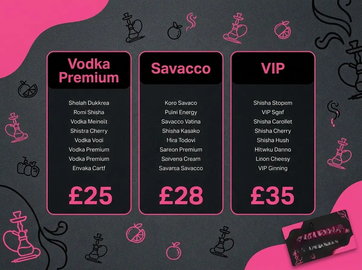 Shisha flavour pricing chart showing Vodka Premium, Savacco and VIP shisha categories