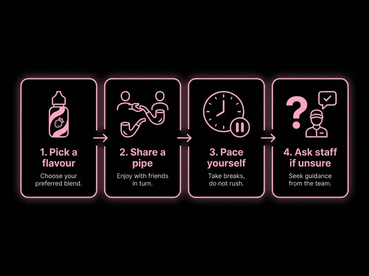 Four-step infographic for first-time shisha visitors: pick your flavours, share a pipe, pace yourself, ask staff