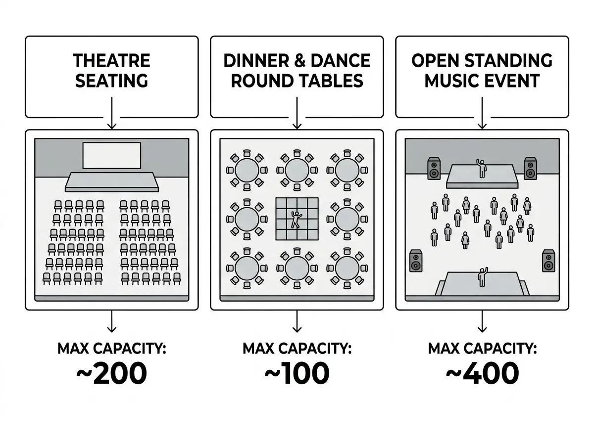 Diagram comparing theatre seating, dinner and dance layout, and standing event layout with capacity numbers
