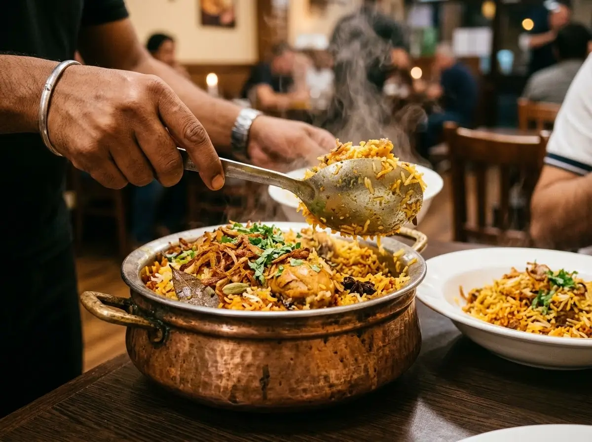 Close-up of biryani being served from a copper pot at Venue 5 Indian restaurant Ruislip
