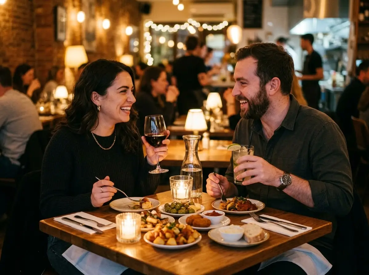 Two people at a softly lit table for two sharing plates at Venue 5 Ruislip