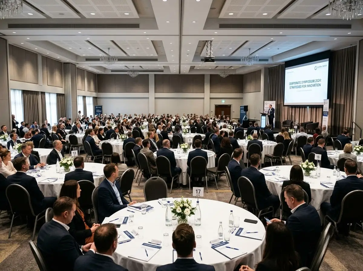 Corporate event setup in the Venue 5 banqueting hall with round tables and a projector screen