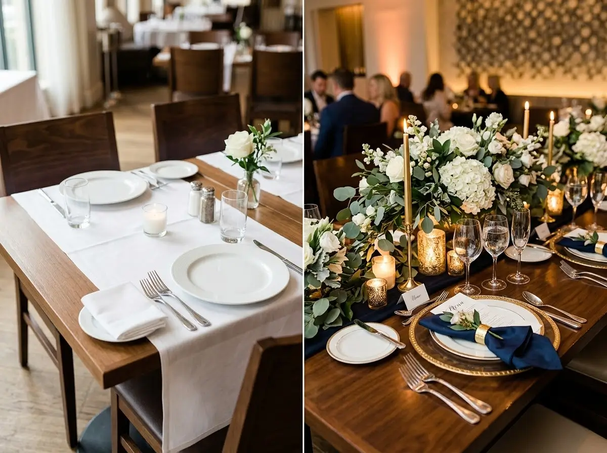 Side-by-side table settings comparing Venue 5's Classic and Silver banqueting packages