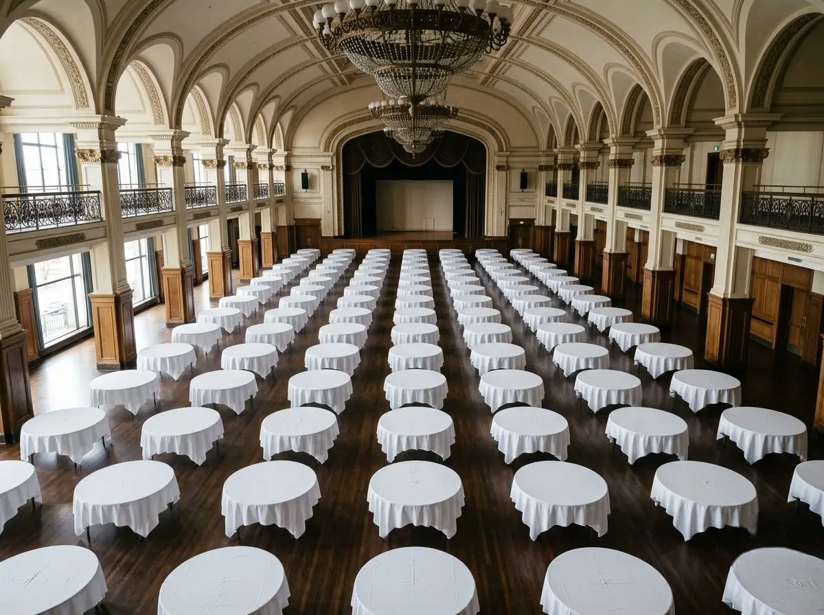 Wide shot of the empty Venue 5 banqueting hall set up with round tables showing the scale of the space