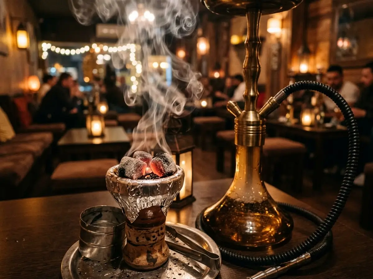 Close-up of a shisha pipe with visible smoke in the Venue 5 lounge in Ruislip