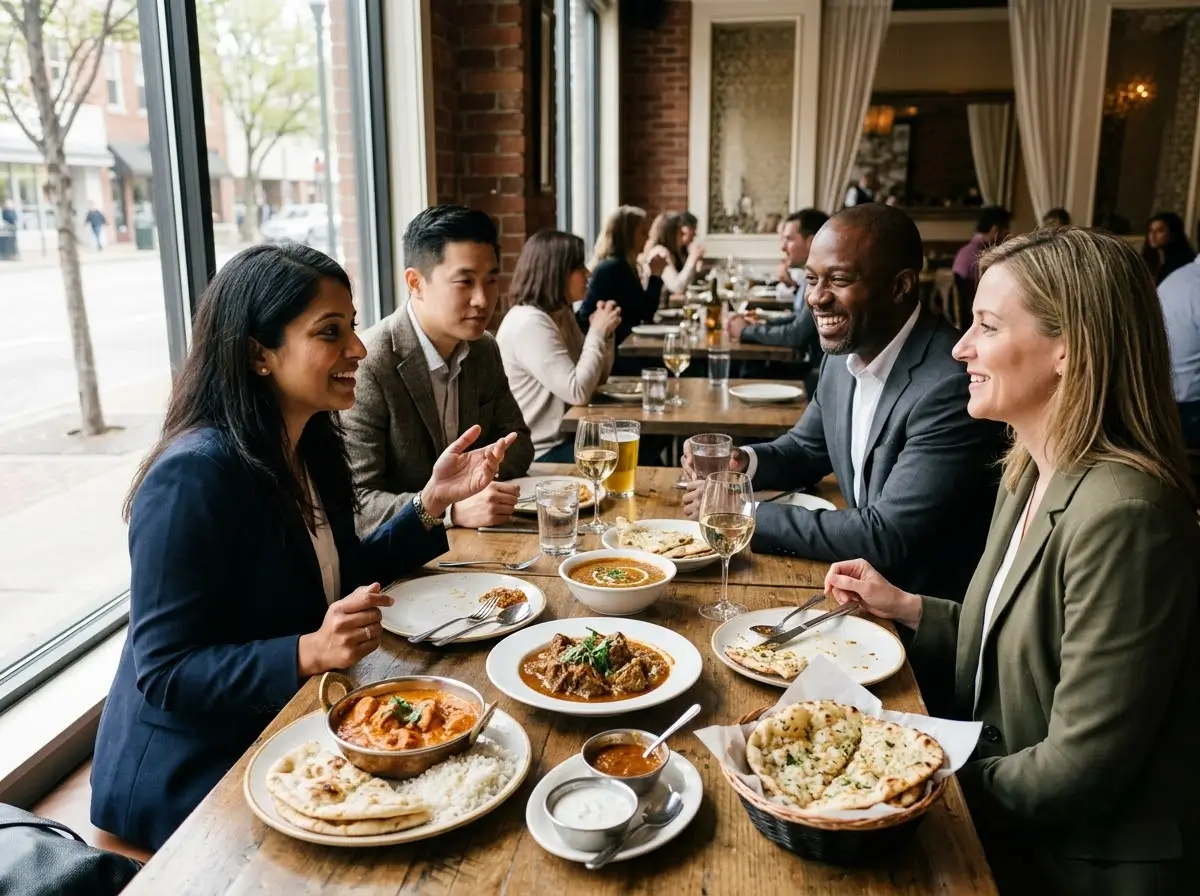 Well-dressed professionals at a quiet table mid-conversation with plated Indian dishes at Venue 5 Ruislip