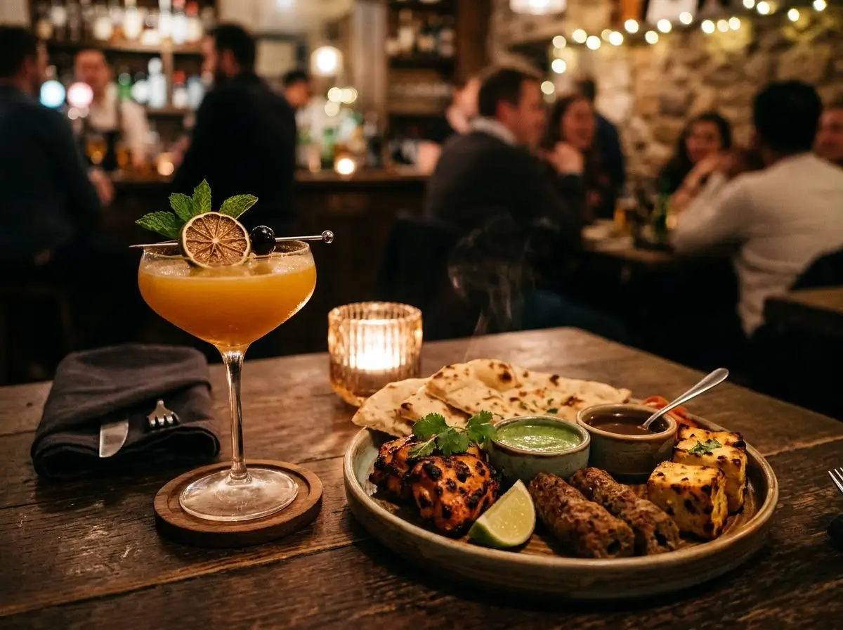Cocktail glass beside a shared plate of tandoori starters on a dimly lit table at Venue 5