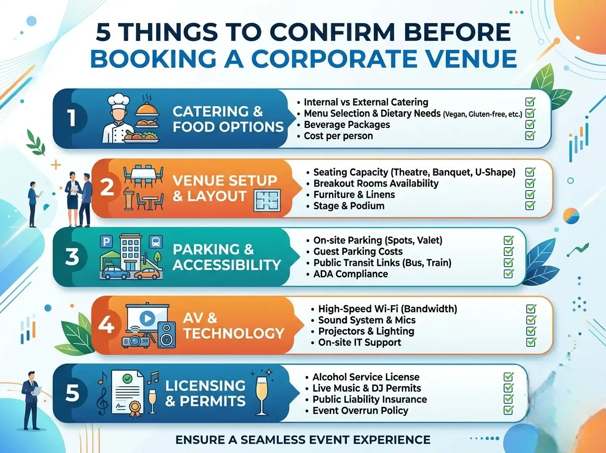 Checklist infographic of things to confirm before booking a corporate venue at Venue 5