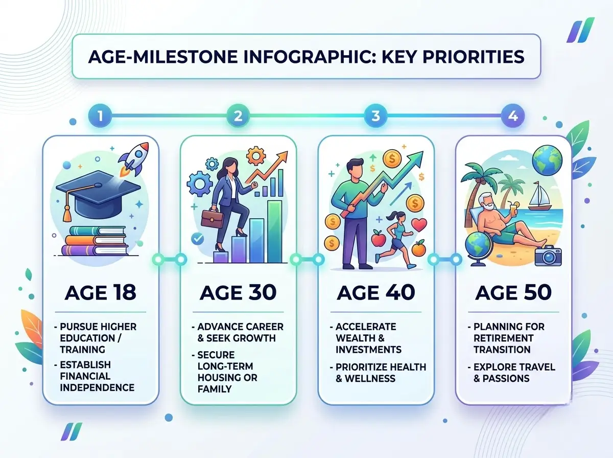 Infographic showing priorities for 18th, 30th, 40th and 50th birthday celebrations at Venue 5