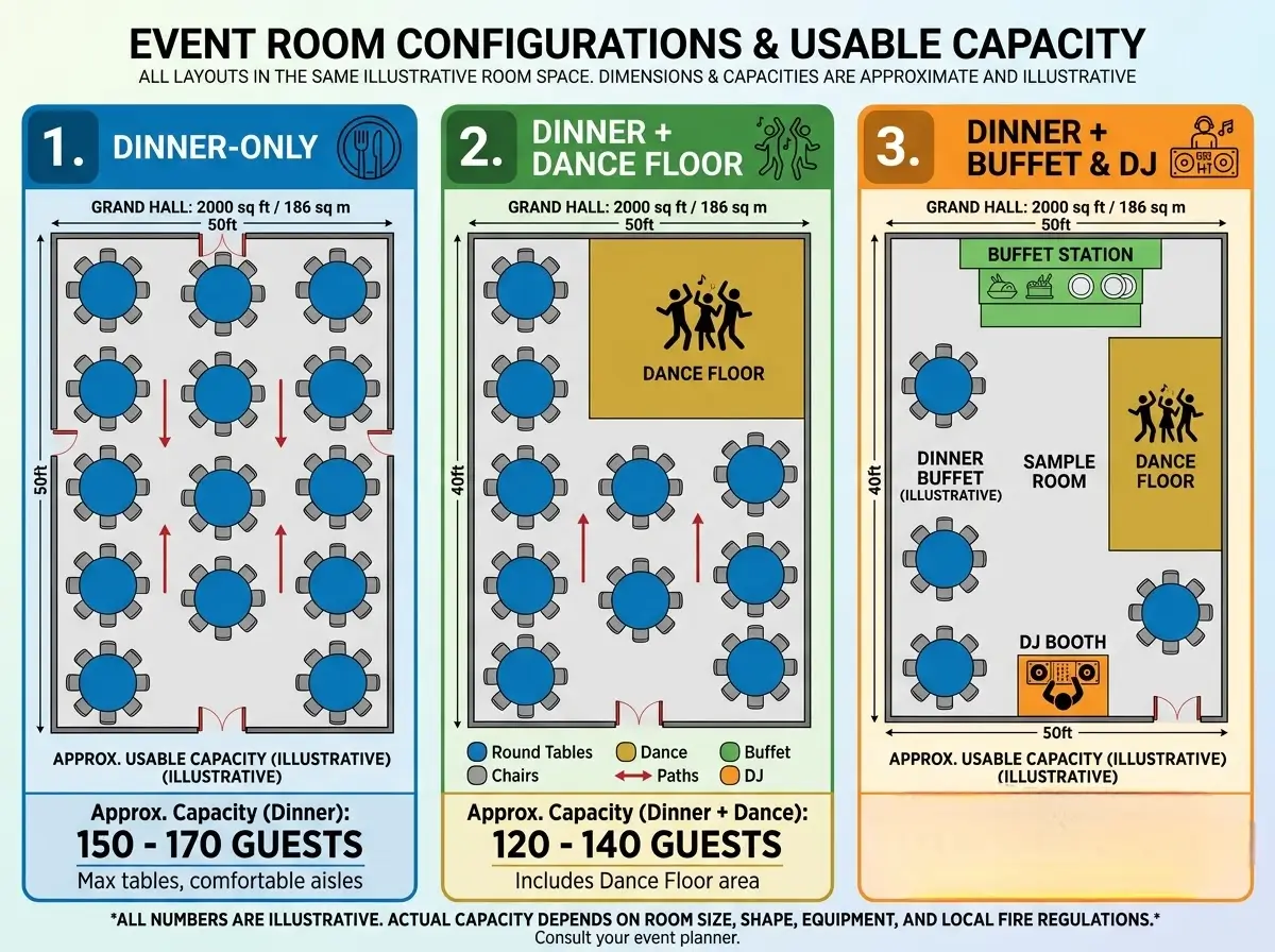 Infographic showing room layout options and usable capacity at Venue 5 banqueting hall