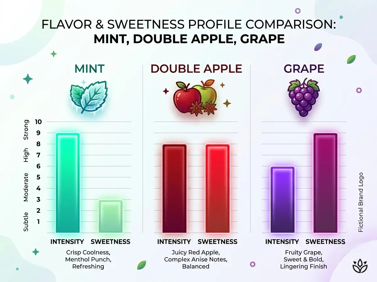 Flavours wheel infographic comparing mint, double apple and grape shisha at Venue 5