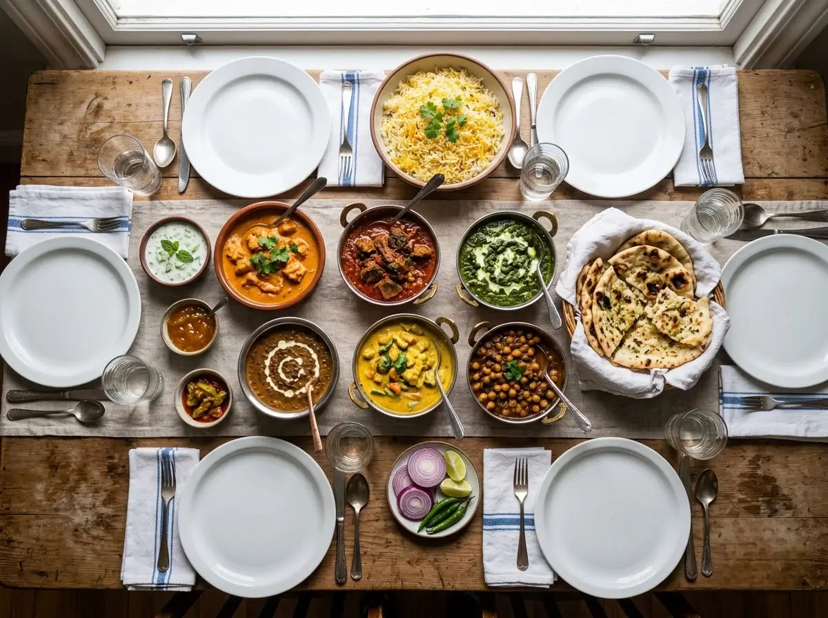 Overhead shot of a shared table of Indian dishes set up for a work dinner at Venue 5